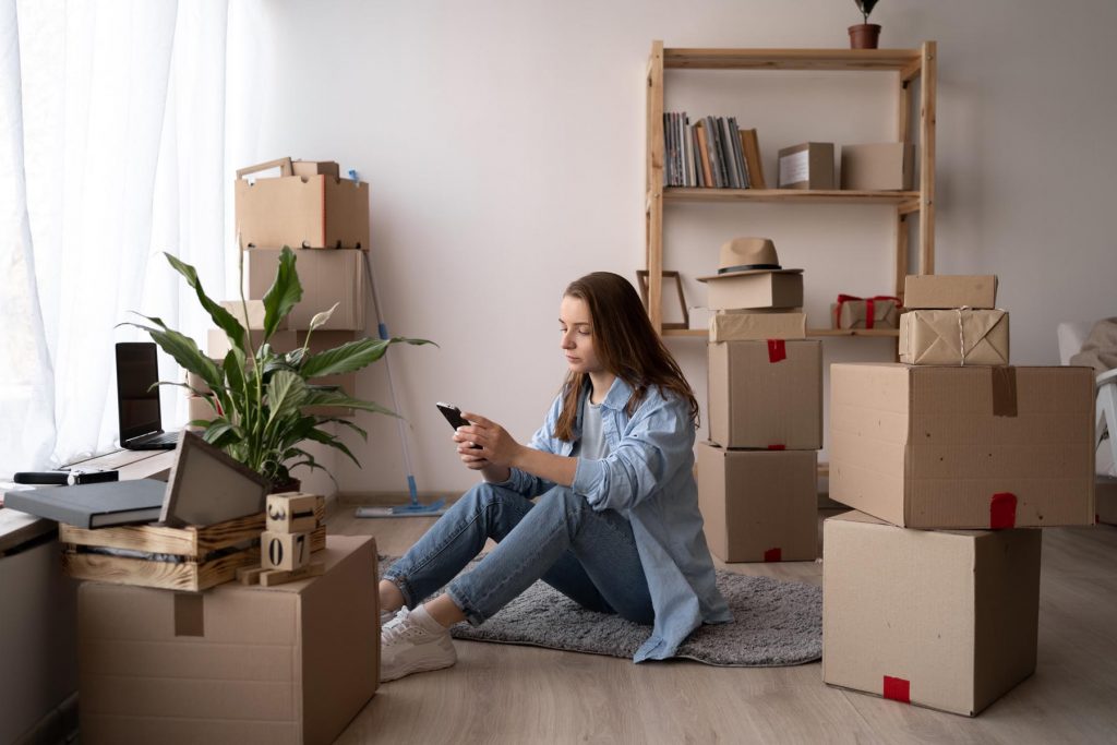 woman is moving, sitting among cardboard boxes, using a smartphone and smiling, communicate via smartphone after moving to new flat.